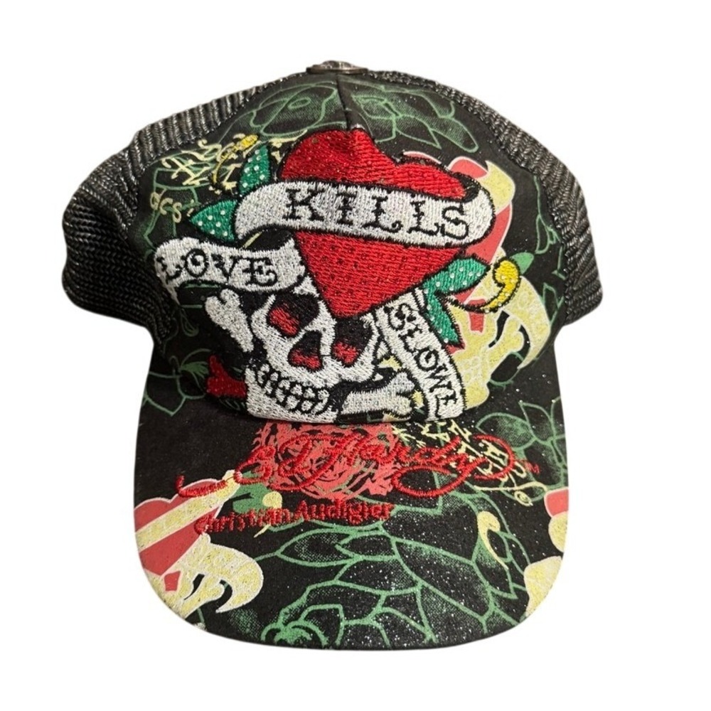 Ed Hardy Hat Cap Mens Snap‎ Back Floral Skull Embroidered Y2K Mesh trucker Skull